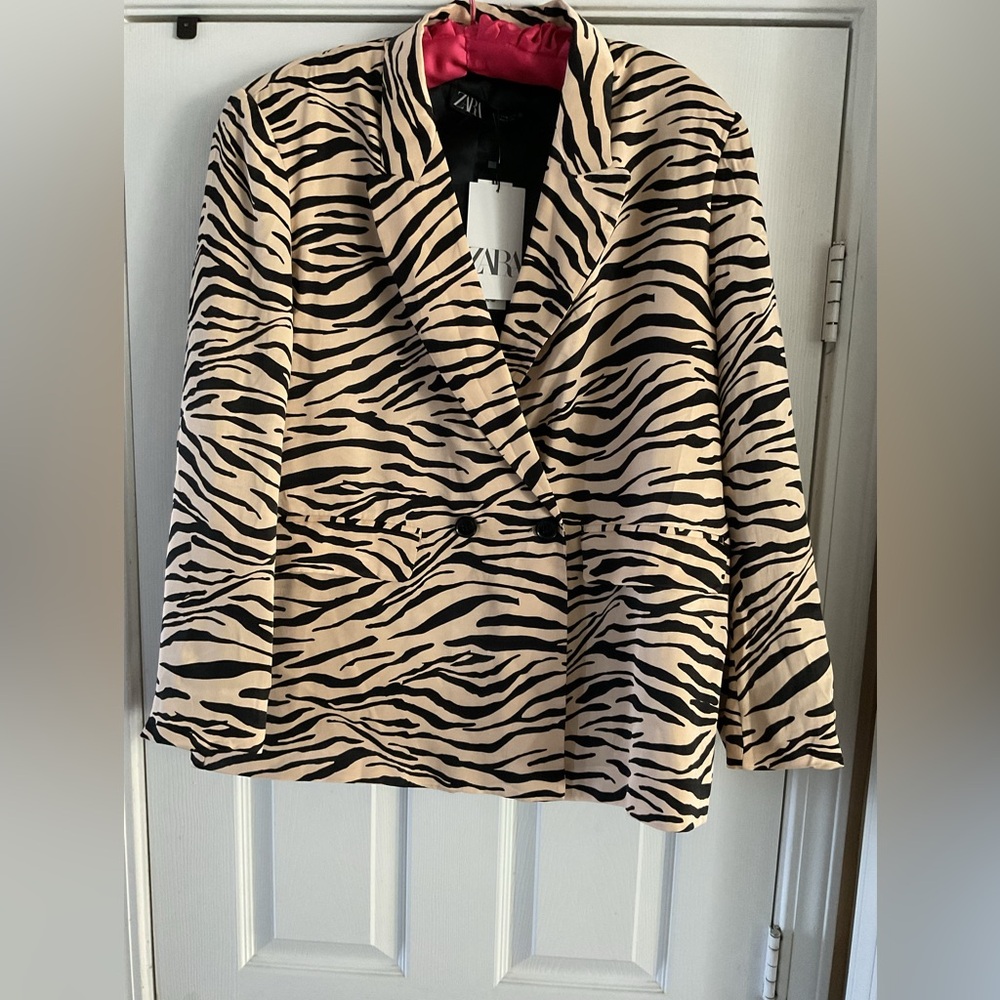 Zara Satiny Animal Print Blazer Tan/blk  Size XL  NWT